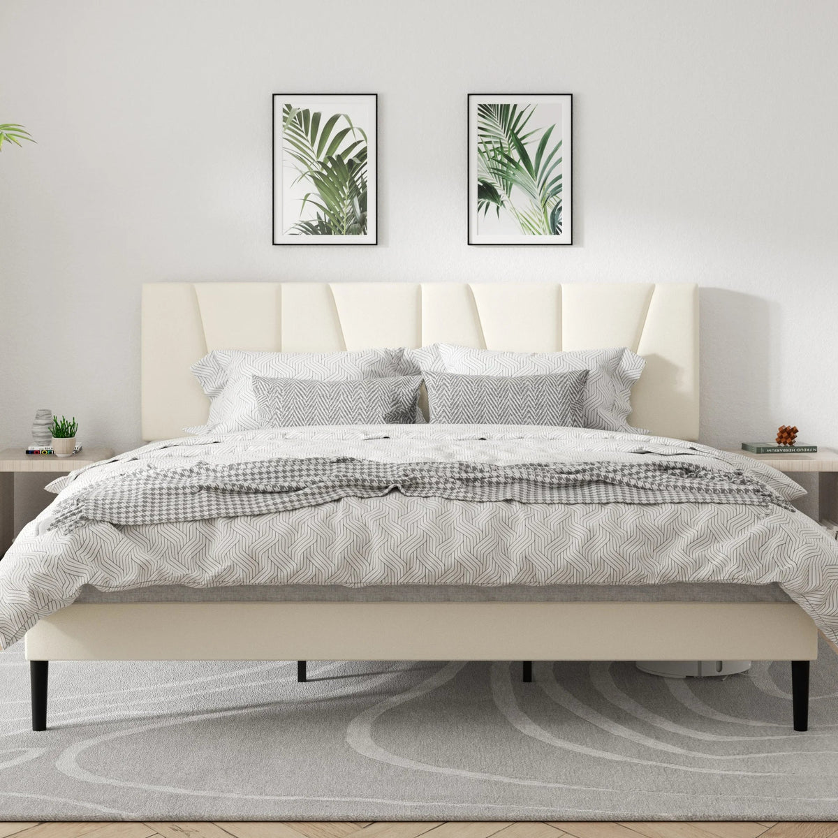 Modern Velvet Upholstered Platform Bed Frame with Vertical Channel Headboard LuxeHome Furniture