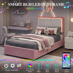 Twin Upholstered LED Bed Frame with 2 Storage Drawers, Adjustable Velvet Headboard — Platform Bed for Kids, No Box Spring Needed