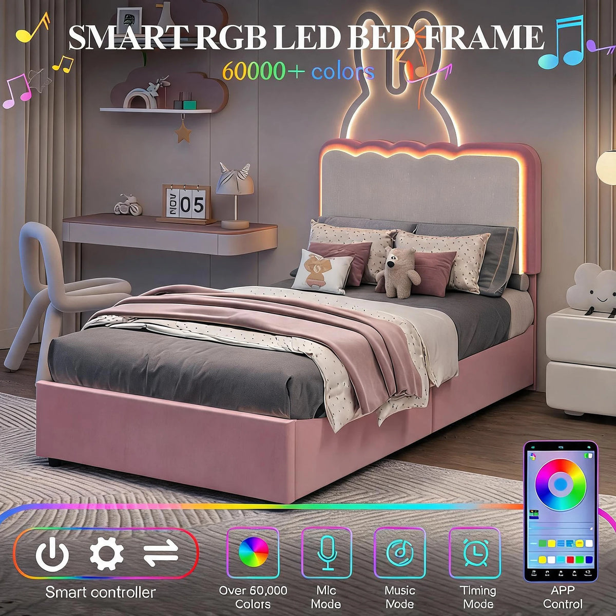 Twin Upholstered LED Bed Frame with 2 Storage Drawers, Adjustable Velvet Headboard — Platform Bed for Kids, No Box Spring Needed