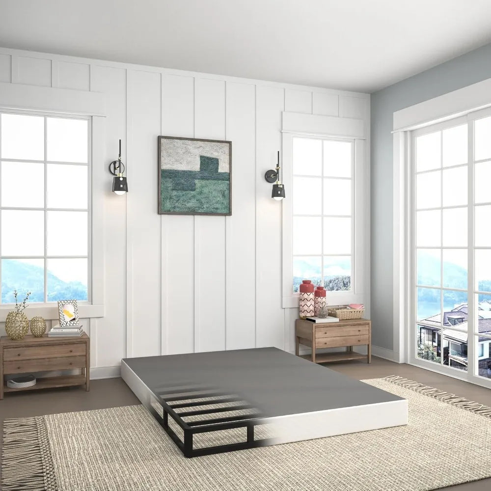 Full size 7-inch heavy duty metal box spring by LuxeHome Furniture, featuring a sleek design in a modern bedroom setting.