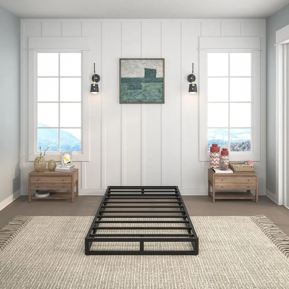 LuxeHome Furniture 7'' Twin Heavy-Duty Metal Box Spring, black frame, in a bright room with natural light and minimal decor.