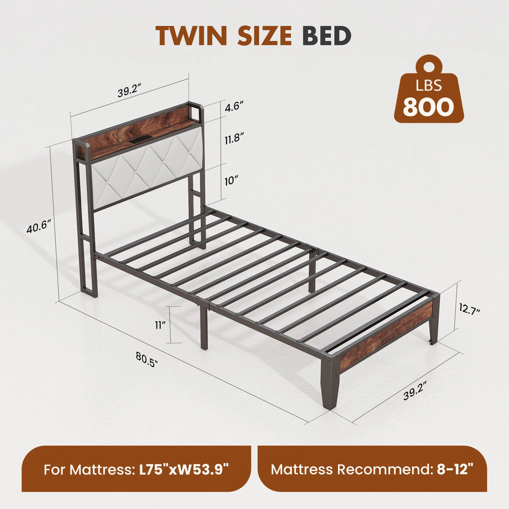 King Size Metal Bed Frame (Heavy-Duty) with Headboard Charging Station — Easy Assembly, (1,100 lbs Capacity)