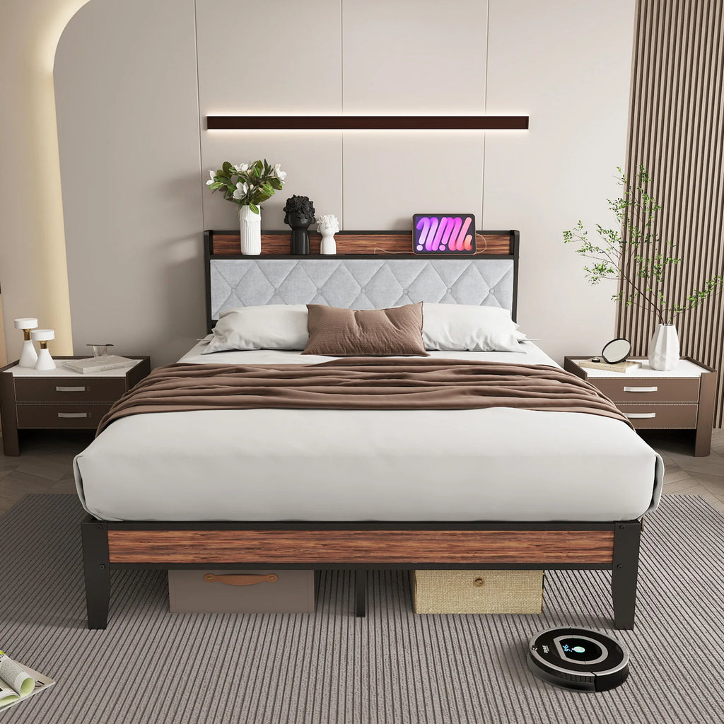King Size Metal Bed Frame (Heavy-Duty) with Headboard Charging Station — Easy Assembly, (1,100 lbs Capacity)
