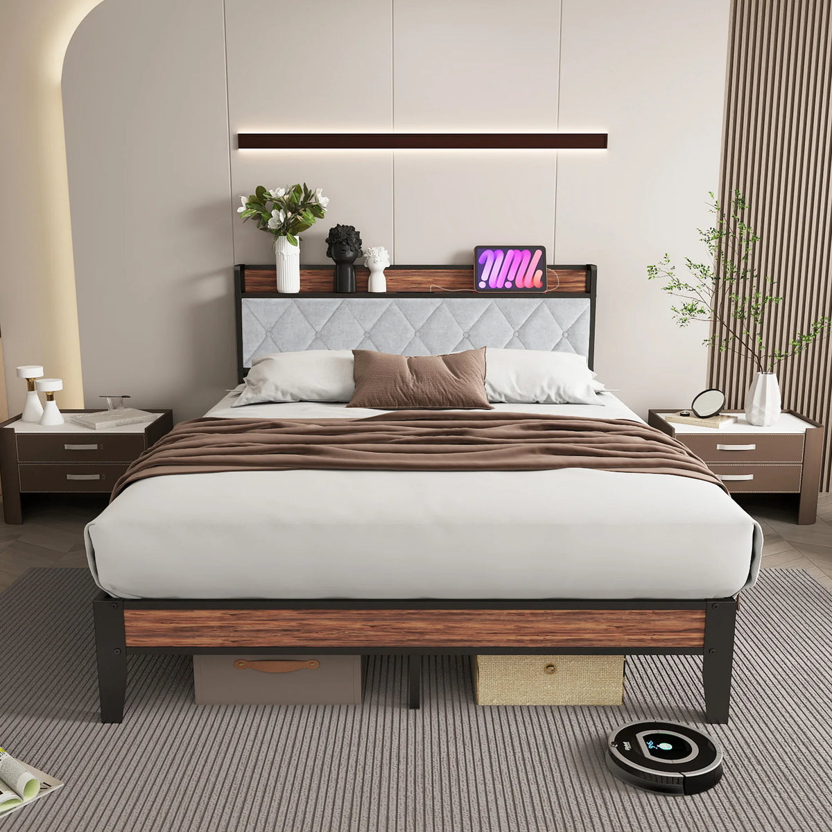 King Size Metal Bed Frame (Heavy-Duty) with Headboard Charging Station — Easy Assembly, (1,100 lbs Capacity)