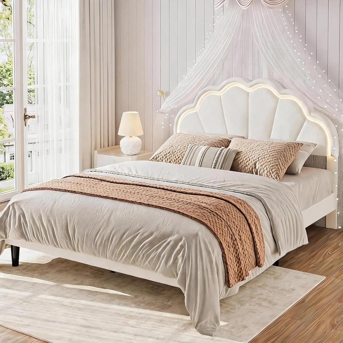 (Twin/Full\Queen) Upholstered LED Bed Frame, Velvet Shell Headboard, Adjustable Height, Underbed Storage, No Box Spring Needed, Easy Assembly