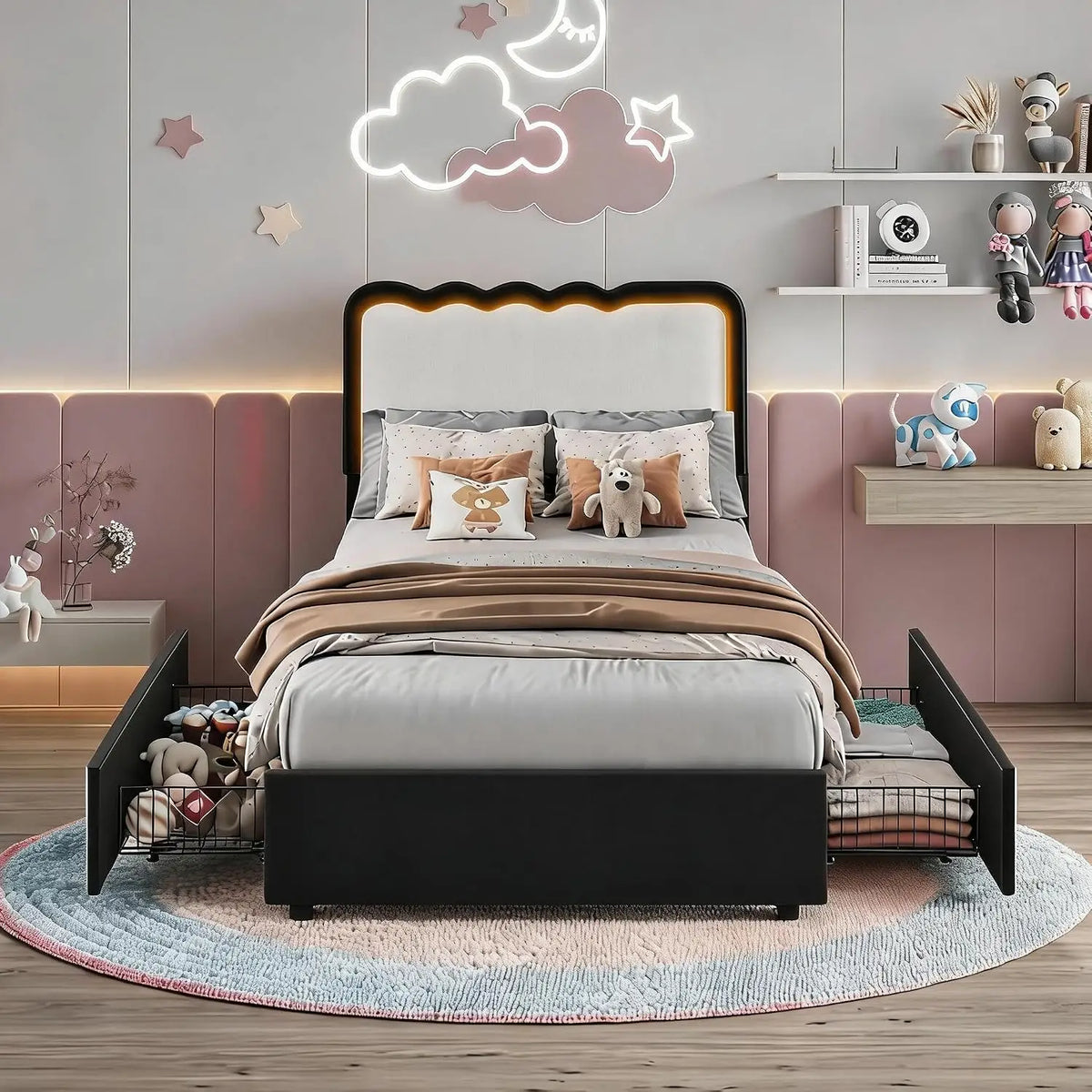 Twin Upholstered LED Bed Frame with 2 Storage Drawers, Adjustable Velvet Headboard — Platform Bed for Kids, No Box Spring Needed