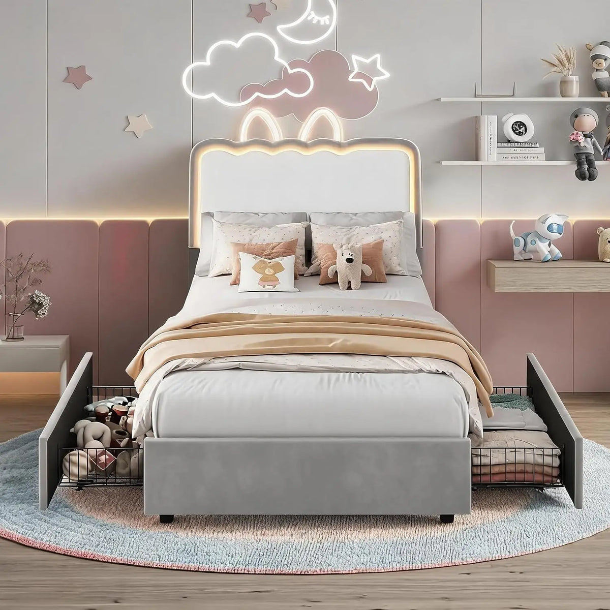 Twin Upholstered LED Bed Frame with 2 Storage Drawers, Adjustable Velvet Headboard — Platform Bed for Kids, No Box Spring Needed