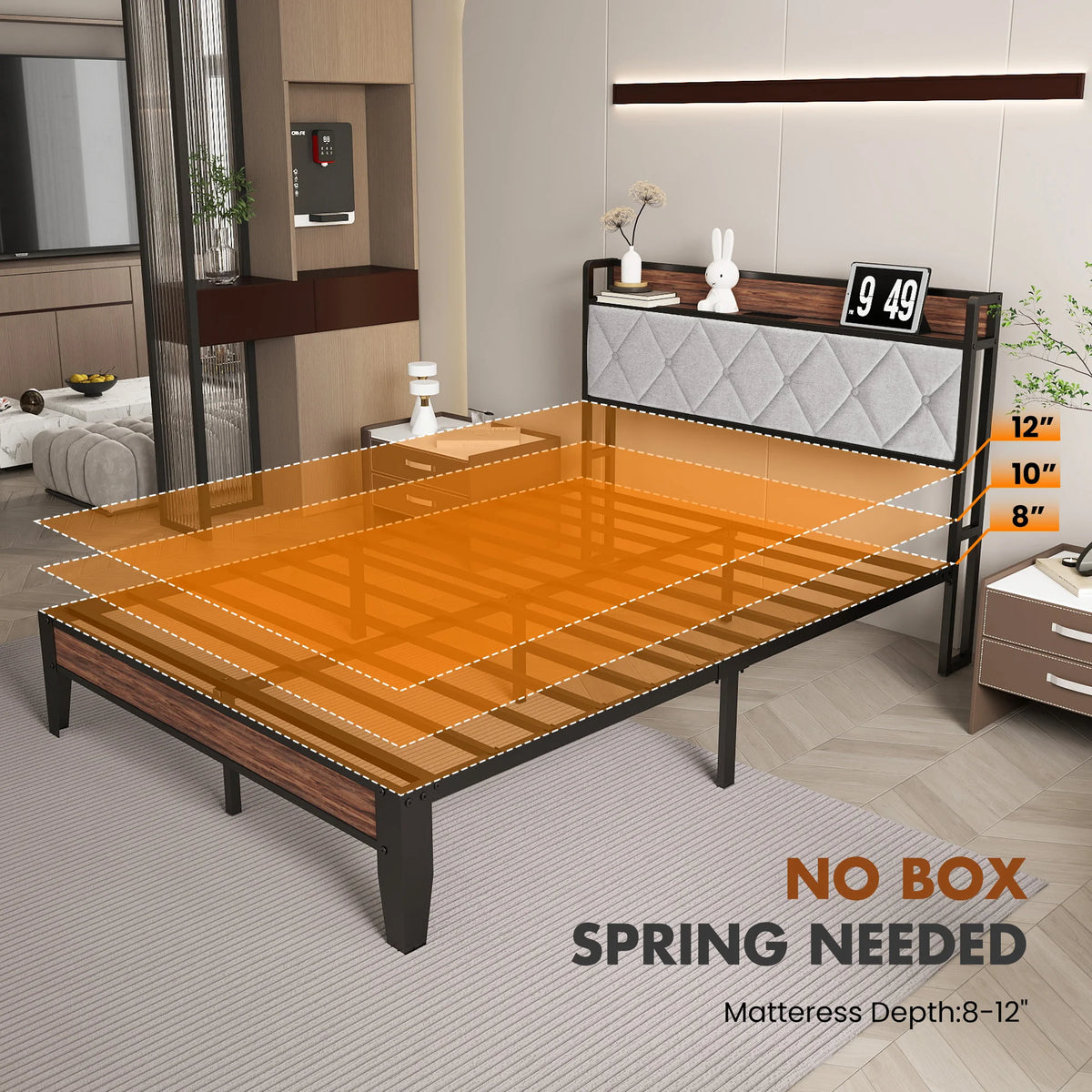 King Size Metal Bed Frame (Heavy-Duty) with Headboard Charging Station — Easy Assembly, (1,100 lbs Capacity)