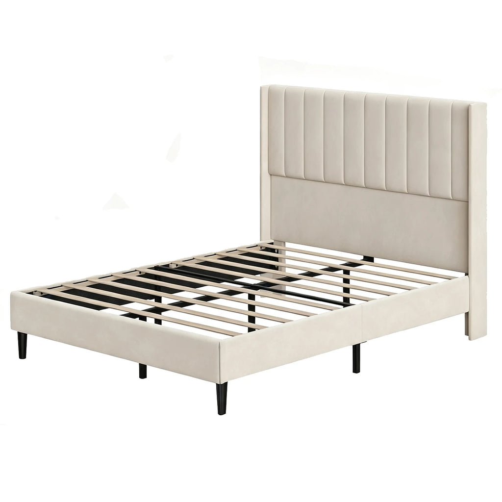 Full/Queen/King Velvet Platform Bed Frame — 52" Beige Wingback Tufted Headboard, Wood Slats & Storage