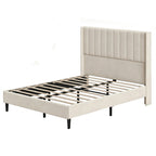 Full/Queen/King Velvet Platform Bed Frame — 52" Beige Wingback Tufted Headboard, Wood Slats & Storage