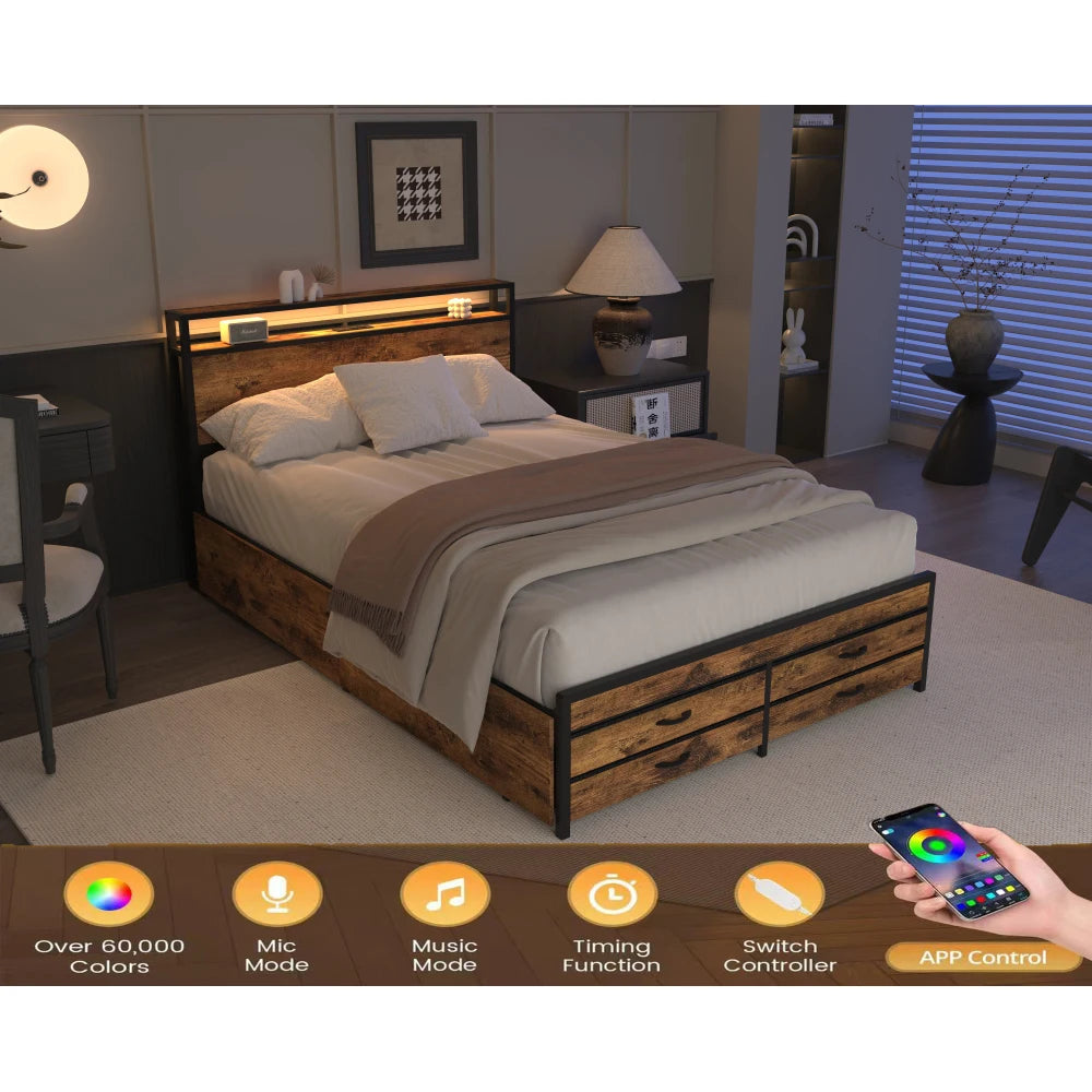 Orraves Queen Bed Frame with 8 Storage Drawers, LED Headboard & Charging Station LuxeHome Furniture