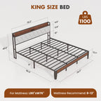 King Size Metal Bed Frame (Heavy-Duty) with Headboard Charging Station — Easy Assembly, (1,100 lbs Capacity)