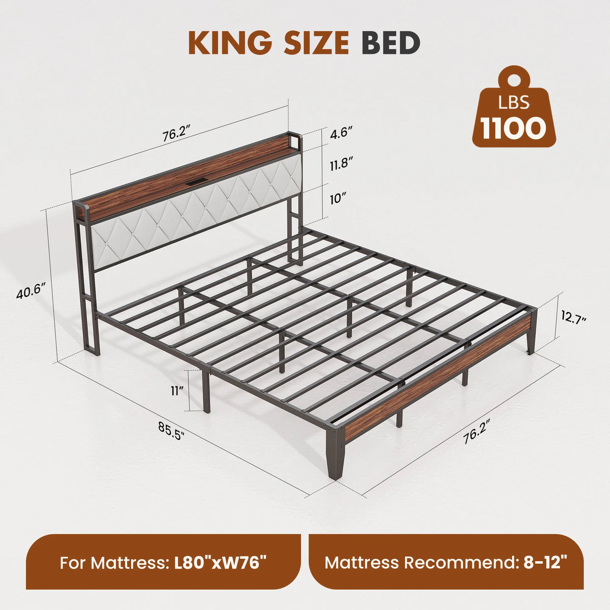 King Size Metal Bed Frame (Heavy-Duty) with Headboard Charging Station — Easy Assembly, (1,100 lbs Capacity)
