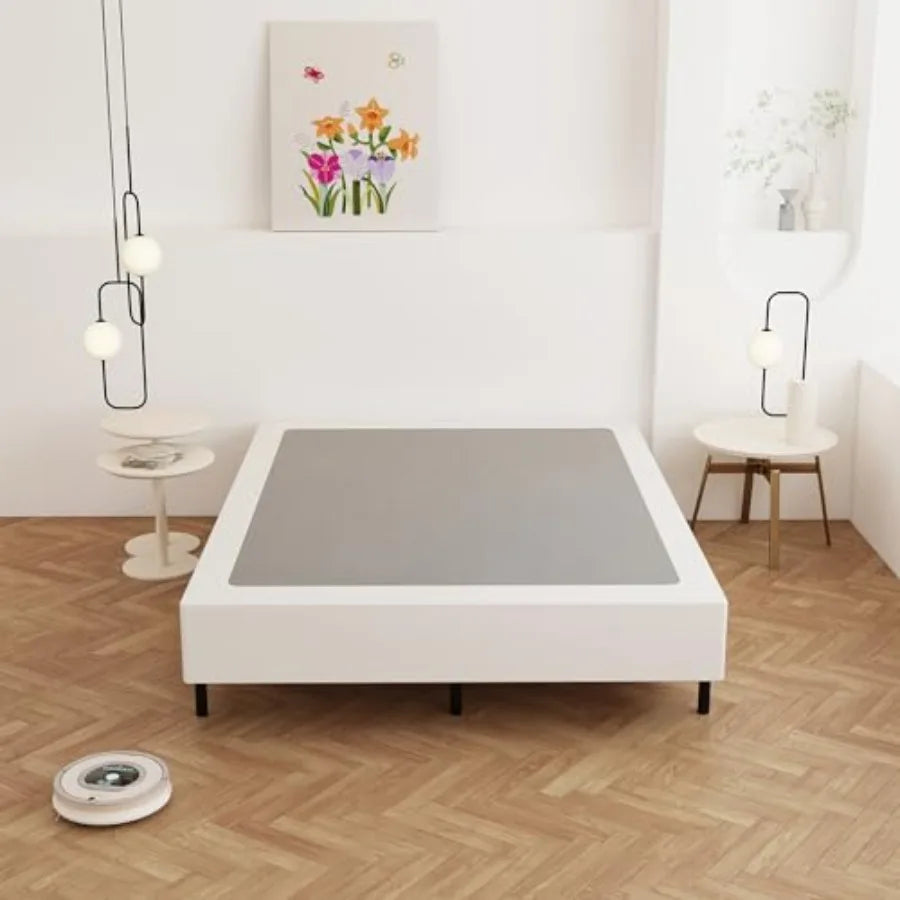 California King 9-Inch Heavy Duty Metal Box Spring with fabric cover, featuring a minimalist design in a modern bedroom setti