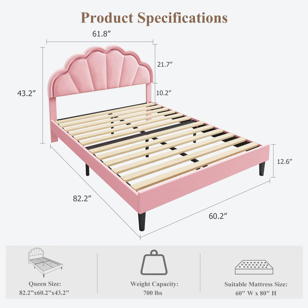 (Twin/Full\Queen) Upholstered LED Bed Frame, Velvet Shell Headboard, Adjustable Height, Underbed Storage, No Box Spring Needed, Easy Assembly