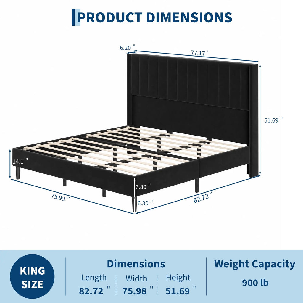 Full/Queen/King Velvet Platform Bed Frame — 52" Beige Wingback Tufted Headboard, Wood Slats & Storage