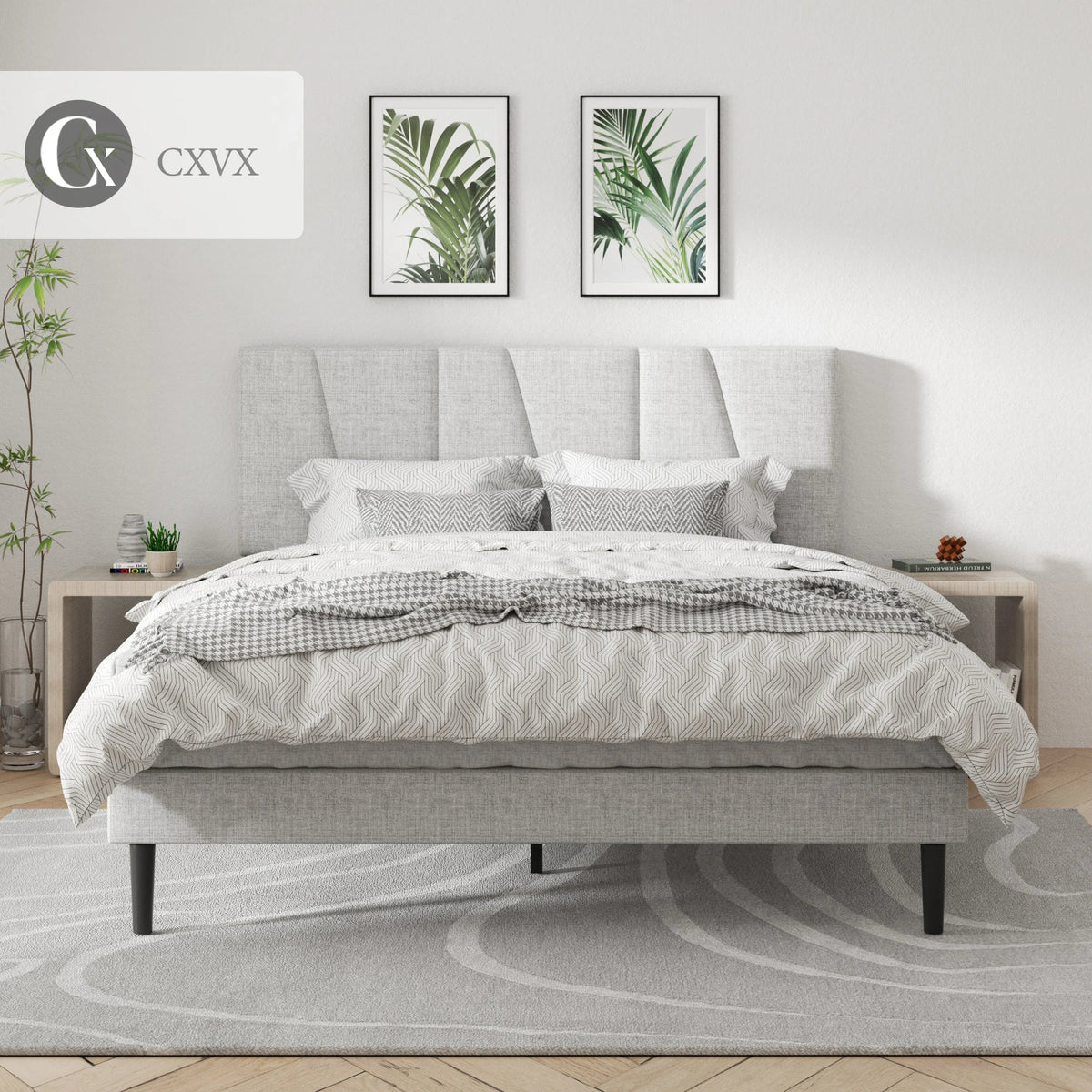 Modern Velvet Upholstered Platform Bed Frame with Vertical Channel Headboard LuxeHome Furniture