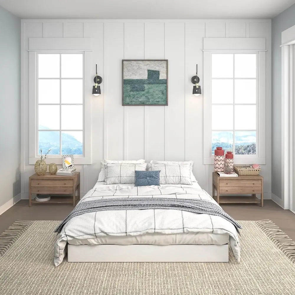 Queen size 7-inch heavy duty metal box spring in a modern bedroom setting with a fabric cover and noise-free design.