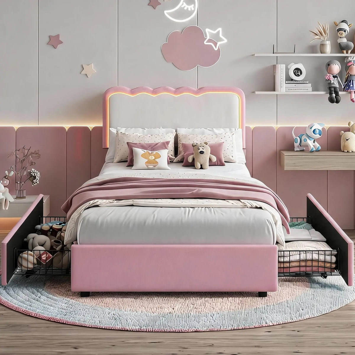 Twin Upholstered LED Bed Frame with 2 Storage Drawers, Adjustable Velvet Headboard — Platform Bed for Kids, No Box Spring Needed