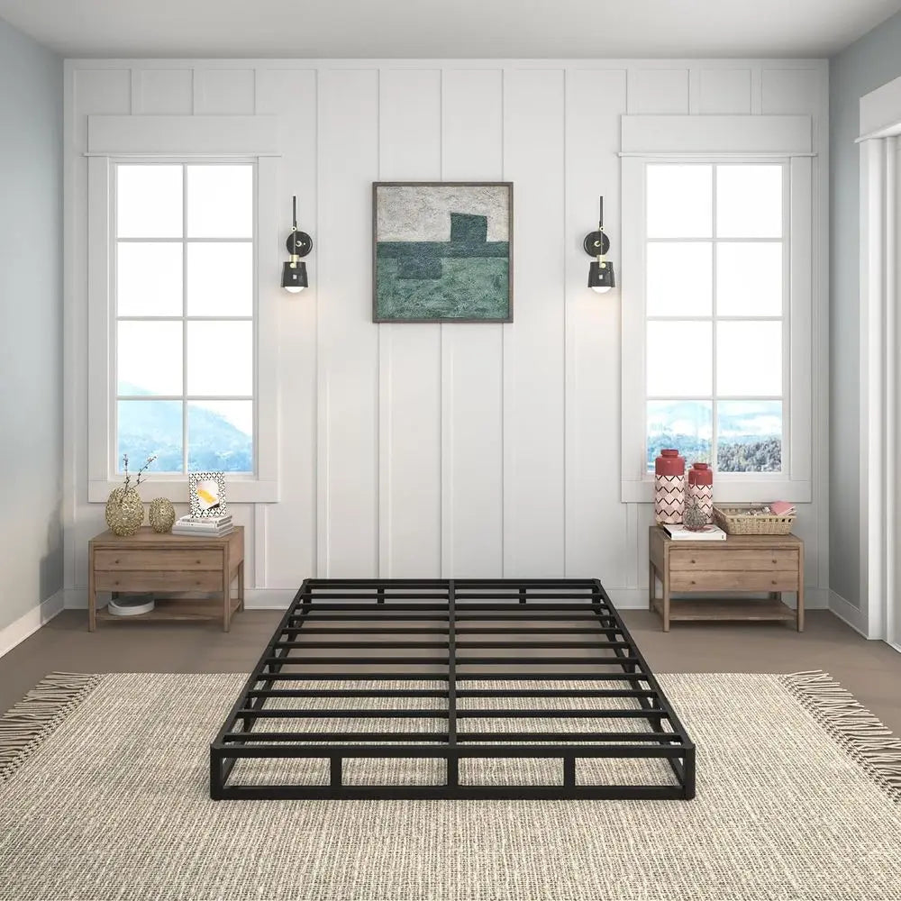 Queen Size 7-Inch Heavy Duty Metal Box Spring by LuxeHome Furniture in a modern room setting with natural light.
